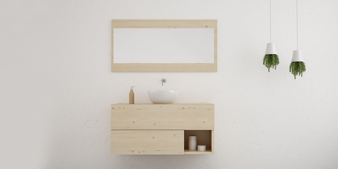 Mueble de baño moderno en madera natural con 2 cajones y hueco