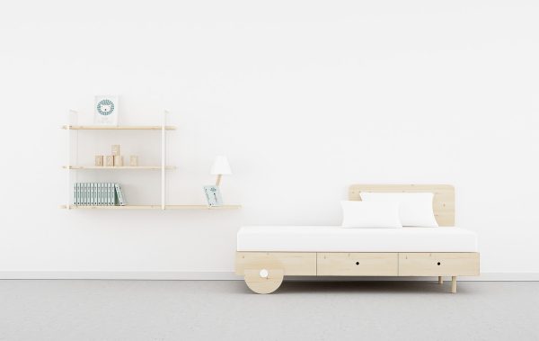 cama con cajones y ruedas de madera natural escandinava
