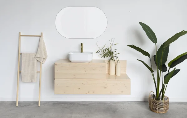 mueble de baño de madera natural con nudos de abeto escandinavo con 2 cajones de 120cm de largo de diseño original