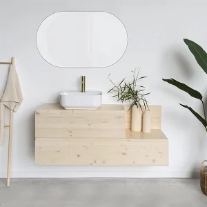Mueble de baño de madera maciza color natural estilo nórdico con 2 cajones