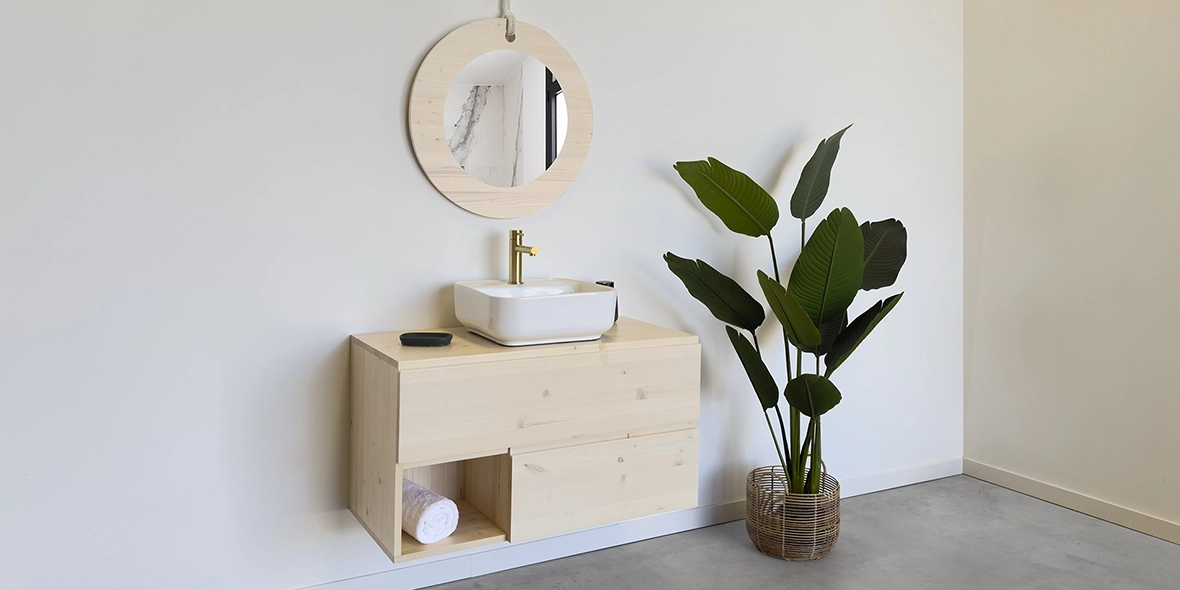 Mueble baño de madera maciza natural con nudos de 80cm con 2 cajones y hueco