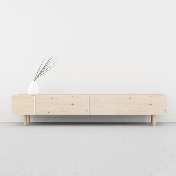 mueble tv de madera natural de abeto con diseño escandinavo. 2 cajones y acabado con patas.