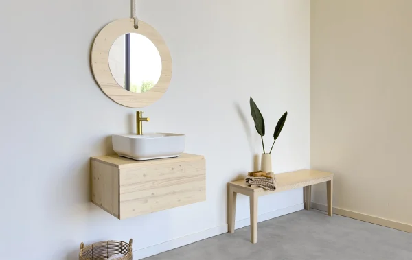 mueble de baño de 60cm de madera maciza con nudos con 1 cajón suspendido a pared. Se fabrica a medida.