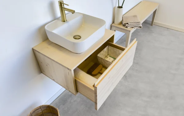 mueble baño madera maciza con 1 cajon. El interior del cajón es también madera maciza. Guias de cajón con freno que permite un cierre suave.