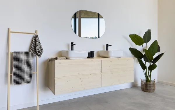 mueble de baño de madera maciza con nudos diseño nórdico 4 cadjones de 140 de ancho