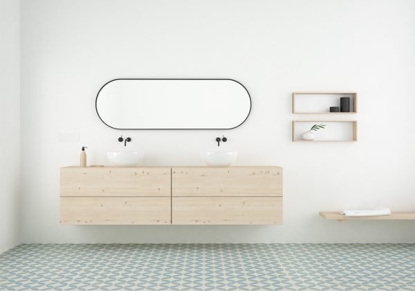 mueble de baño en madera maciza color natural de diseño nórdico