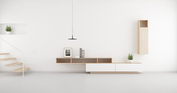 composicion modular de salon en madera maciza de diseño nordico color natural y blanco