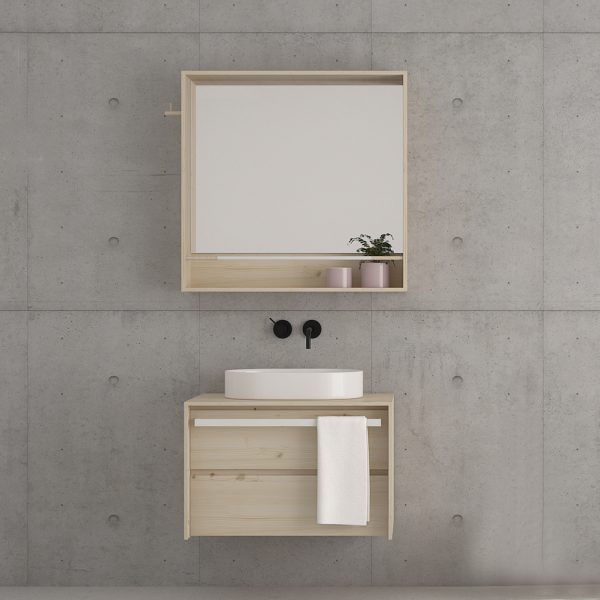mueble de baño de 1 cajón con toallero frontal y de madera maciza de diseño moderno color natural