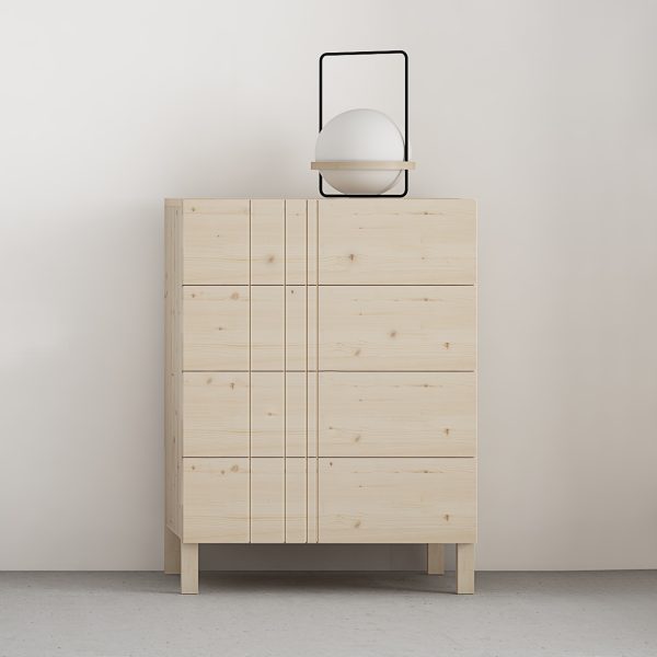 comoda 4 cajones con rayas asimetricas diseño en madera maciza