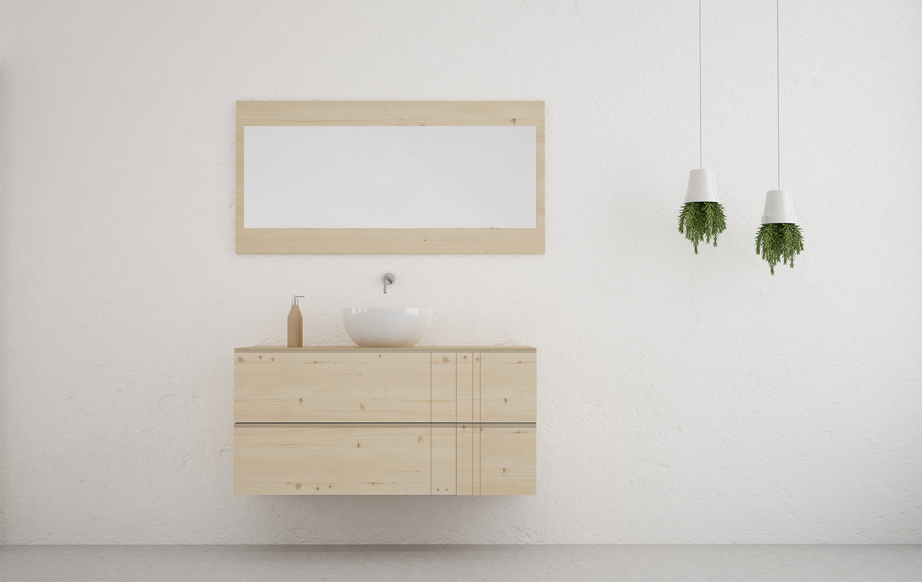 mueble de baño de madera maciza de abeto escandinavo. Estilo nórdico color natural.