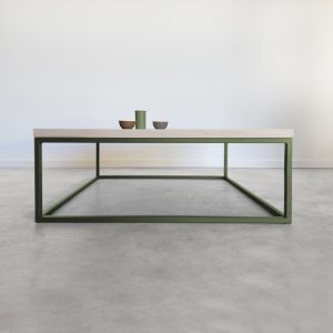 mesa de fresno macizo natural y patas de metal color verde oliva. Diseño nórdico.