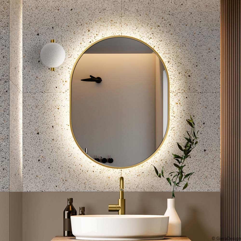 espejo retroiluminado en baño con mueble de madera maciza natural tendencia 2024