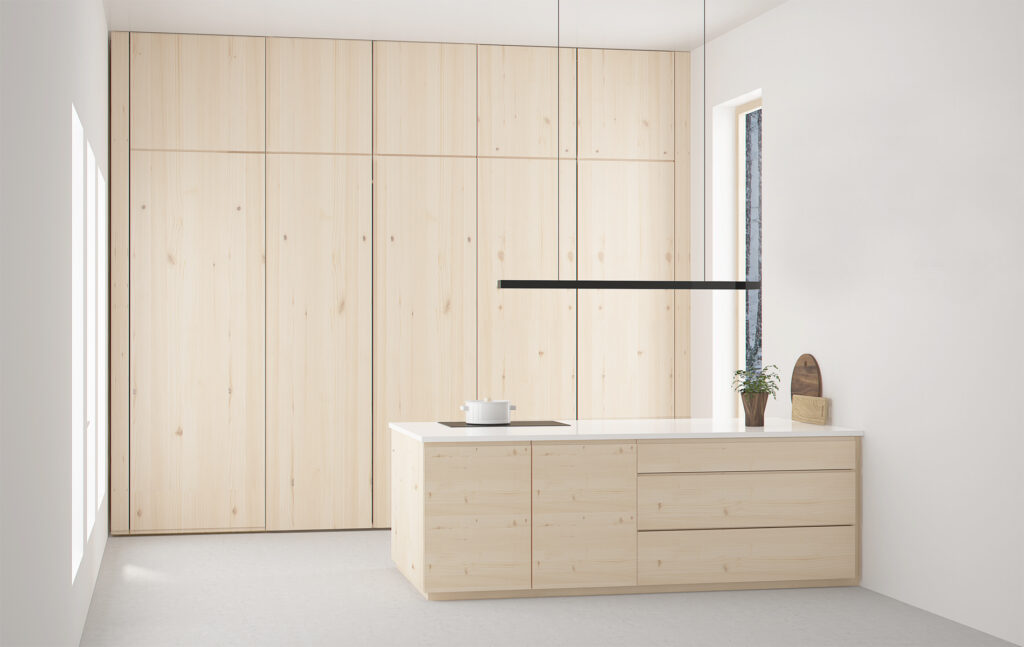 cocina de madera natural maciza de diseño minimalista color natural