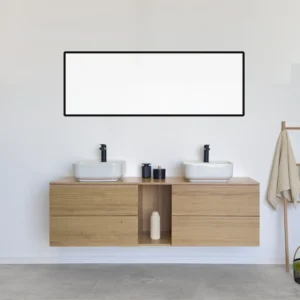 mueble de madera natural maciza con 4 cajones y hueco central de 140cm de largo. Diesño minimalista. Se puede fabricar en medidas especiales.